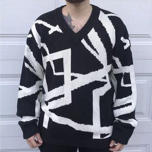 COPY CLOTHING brand black & white geometric cotton LARGE heavy duty knit sweater